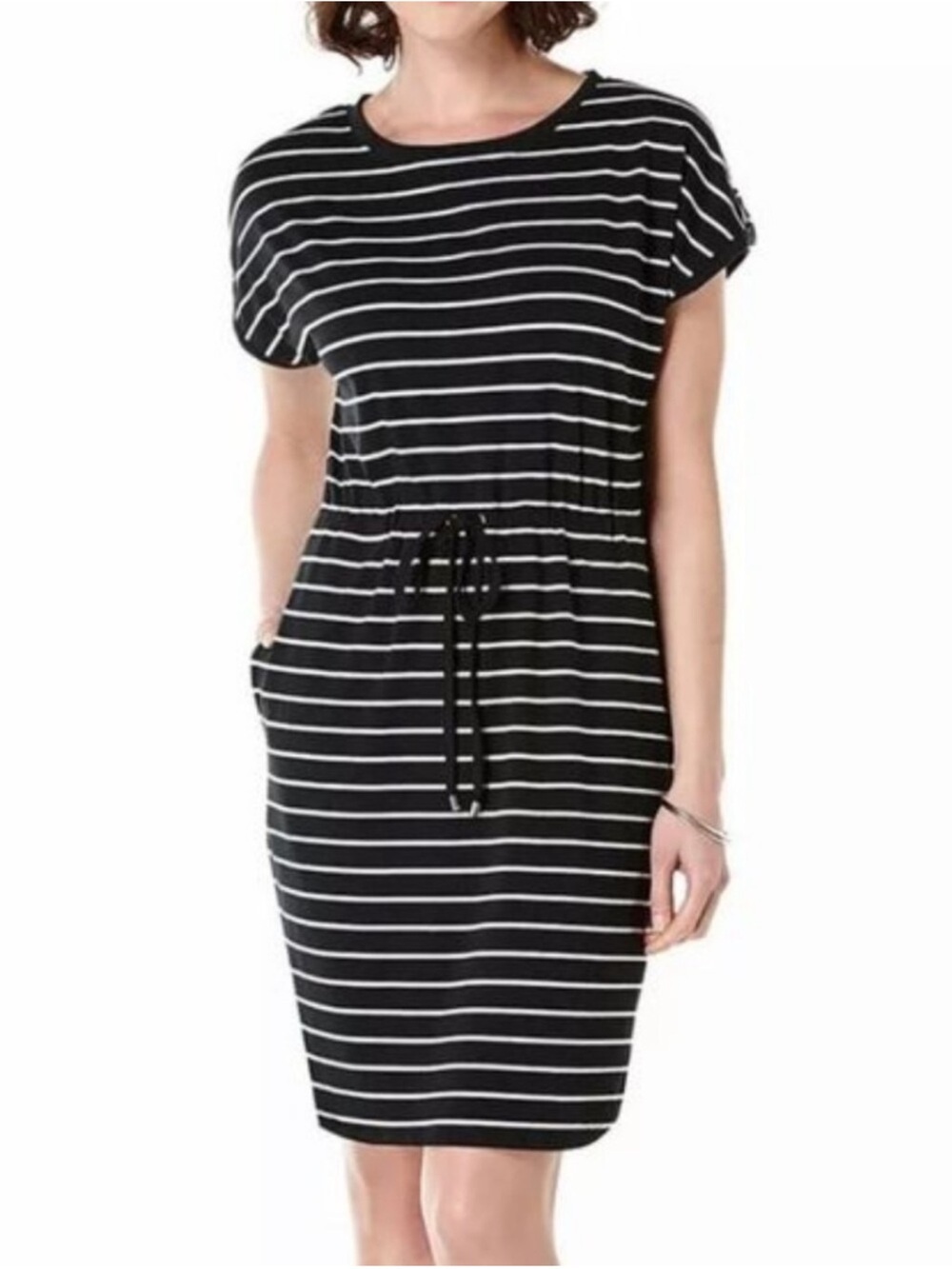 Rafaella Black & White Striped Drawstring Midi Dress